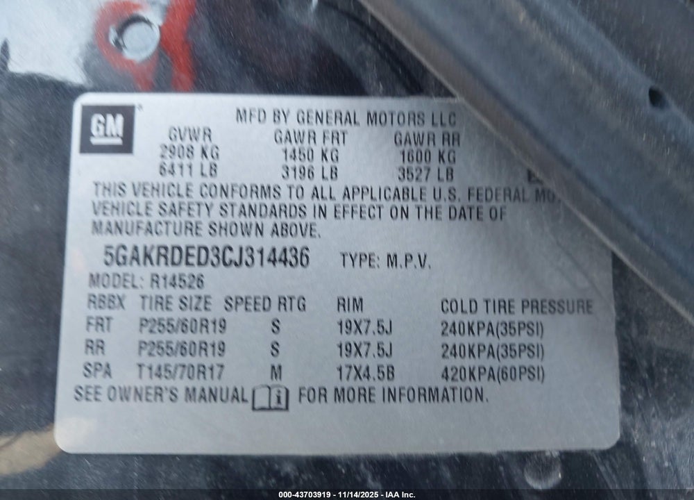 2012 BUICK ENCLAVE VIN: 5GAKRDED3CJ314436