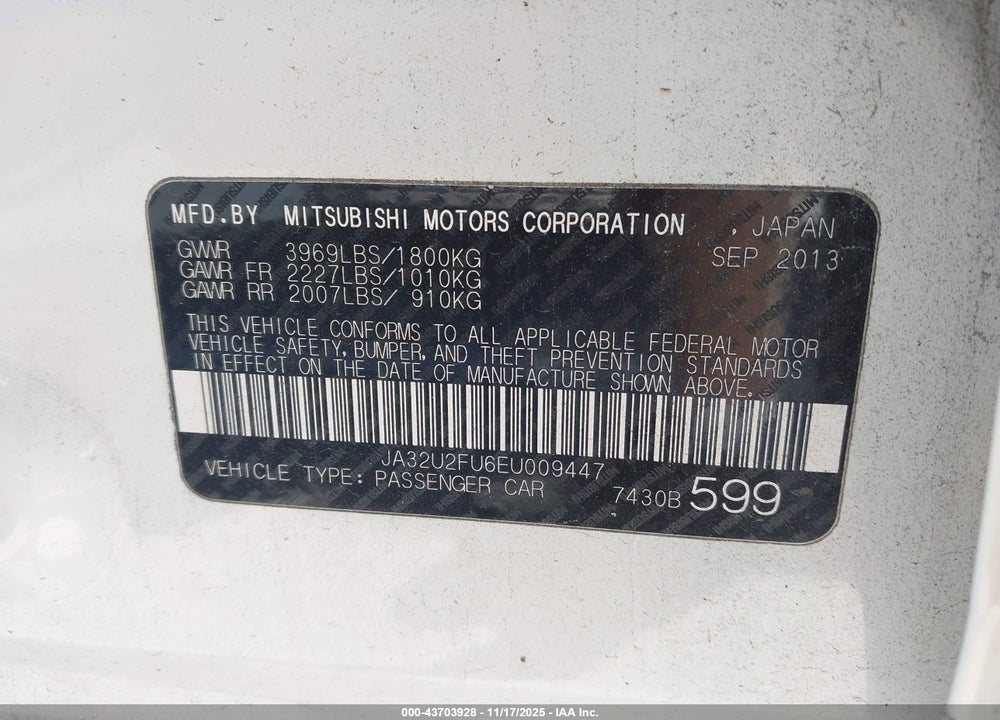 2014 MITSUBISHI LANCER ES VIN: JA32U2FU6EU009447