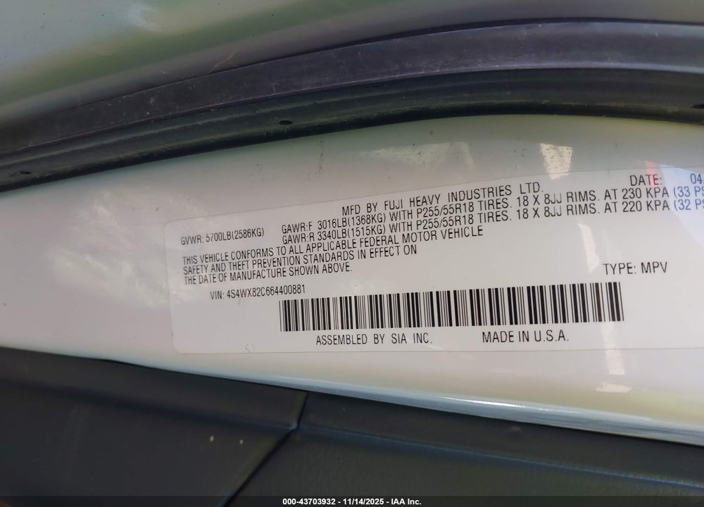 2006 SUBARU B9 TRIBECA BASE 5-PASSENGER/LIMITED 5-PASSENGER VIN: 4S4WX82C664400881