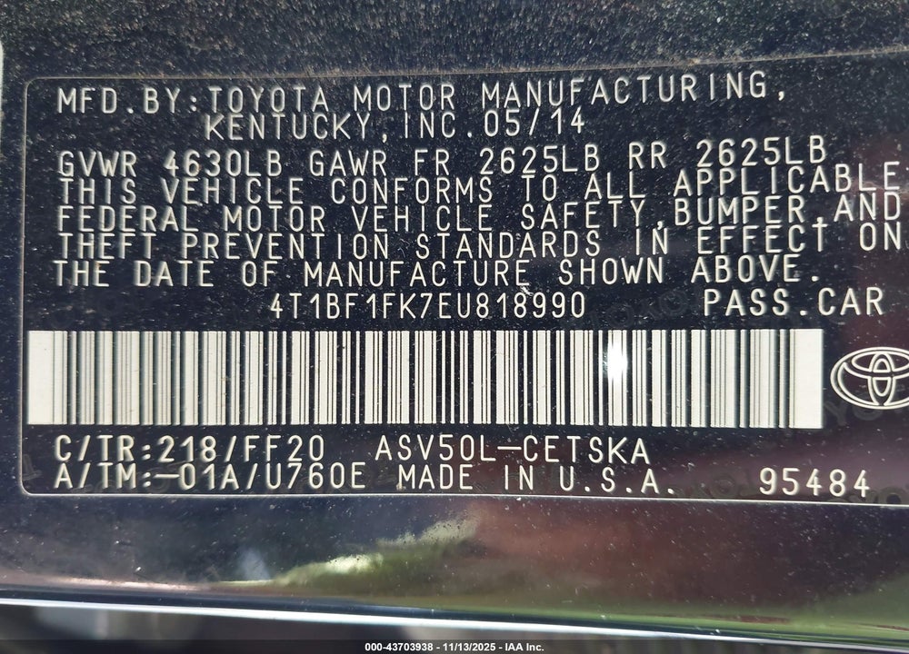 2014 TOYOTA CAMRY SE VIN: 4T1BF1FK7EU818990