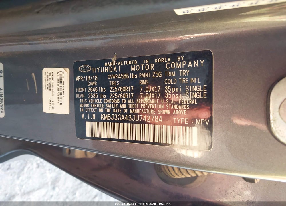 2018 HYUNDAI TUCSON SEL PLUS VIN: KM8J33A43JU742784