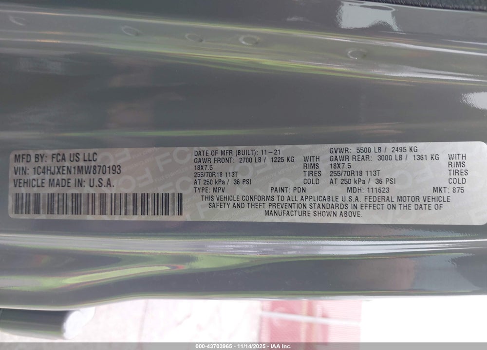 2021 JEEP WRANGLER UNLIMITED SAHARA ALTITUDE 4X4 VIN: 1C4HJXEN1MW870193