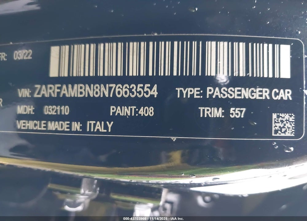 2022 ALFA ROMEO GIULIA VIN: ZARFAMBN8N7663554