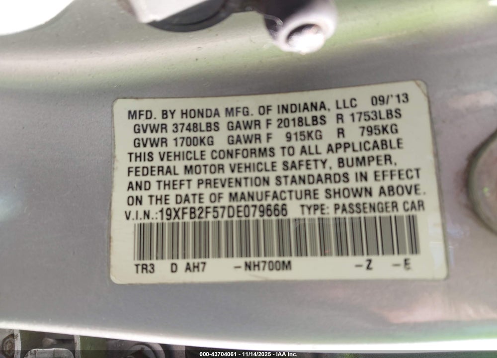 2013 HONDA CIVIC LX VIN: 19XFB2F57DE079666
