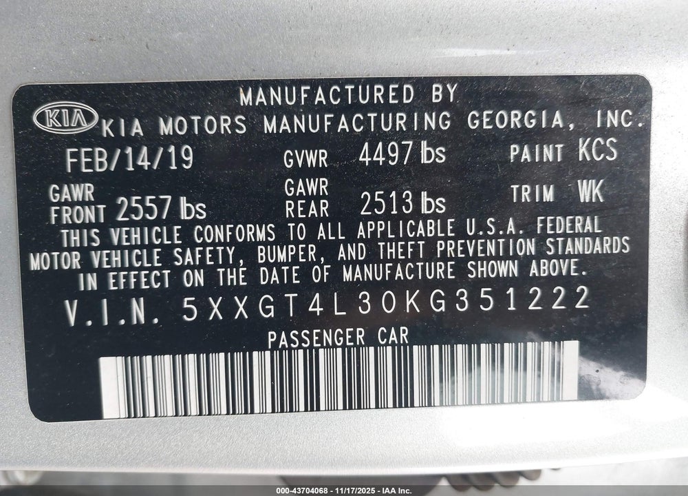 2019 KIA OPTIMA LX VIN: 5XXGT4L30KG351222