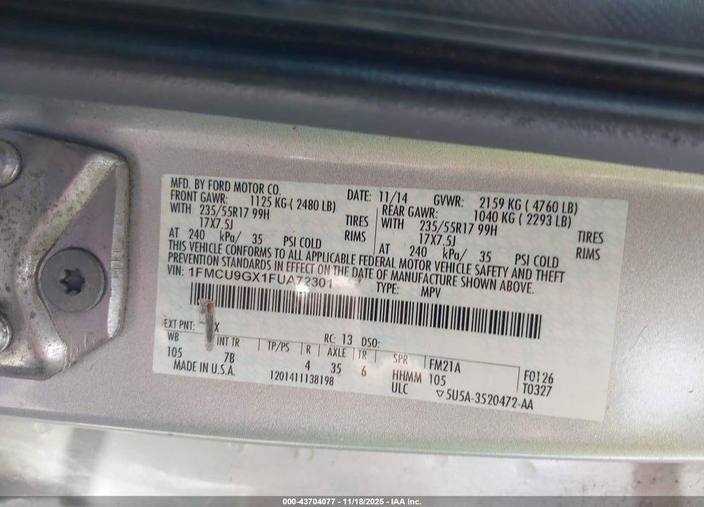 2015 FORD ESCAPE SE VIN: 1FMCU9GX1FUA72301
