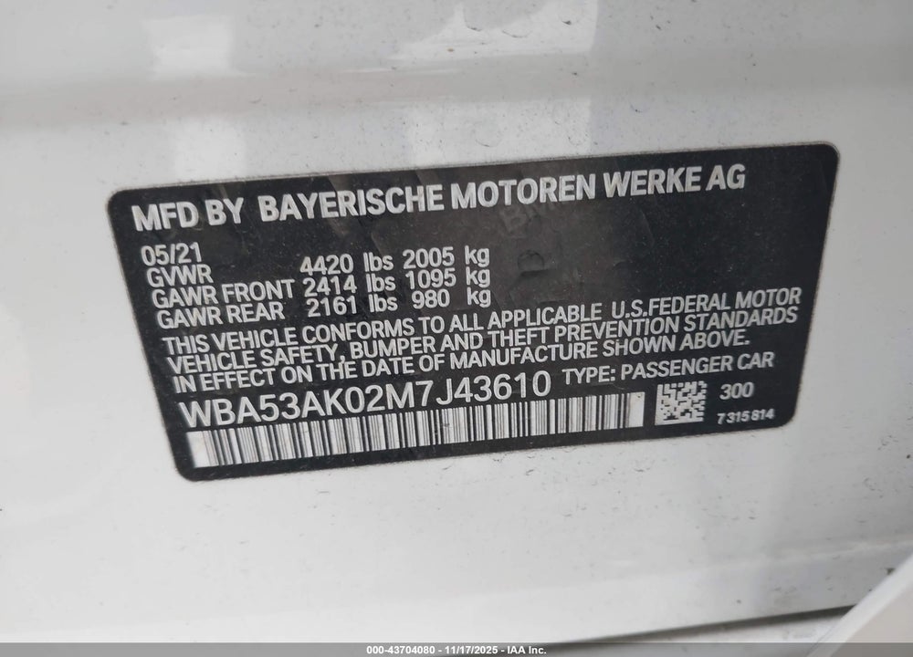 2021 BMW 228I GRAN COUPE SDRIVE VIN: WBA53AK02M7J43610