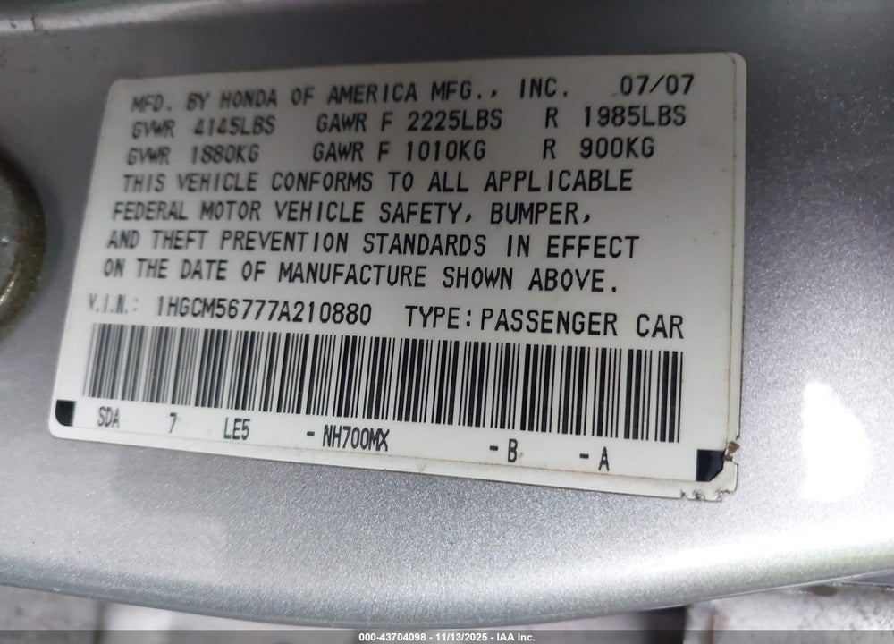 2007 HONDA ACCORD 2.4 EX VIN: 1HGCM56777A210880