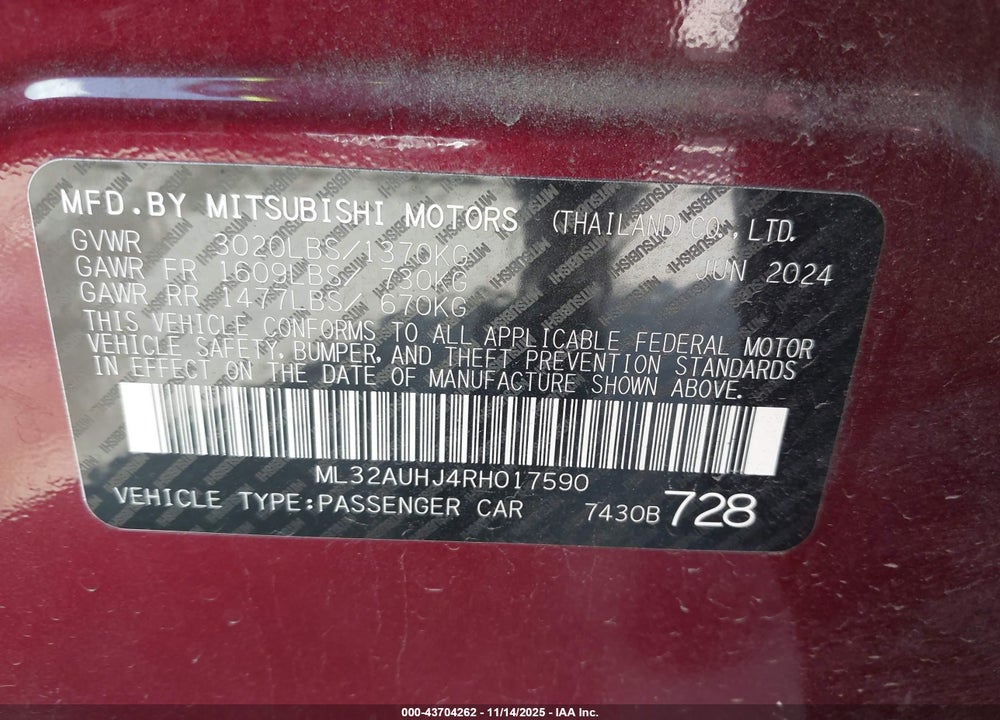 2024 MITSUBISHI MIRAGE VIN: ML32AUHJ4RH017590