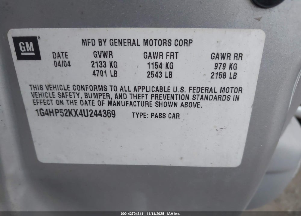 2004 BUICK LESABRE CUSTOM VIN: 1G4HP52KX4U244369