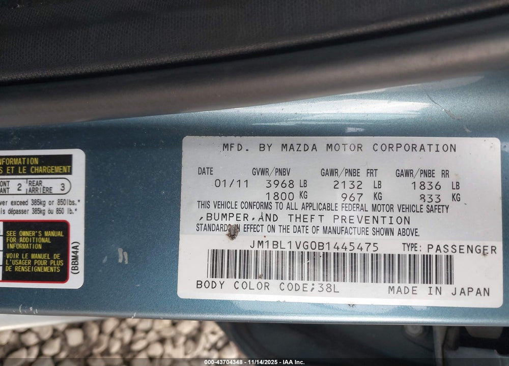 2011 MAZDA 3 VIN: JM1BL1VG0B1445475