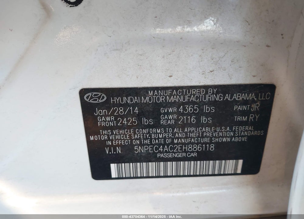 2014 HYUNDAI SONATA SE VIN: 5NPEC4AC2EH886118