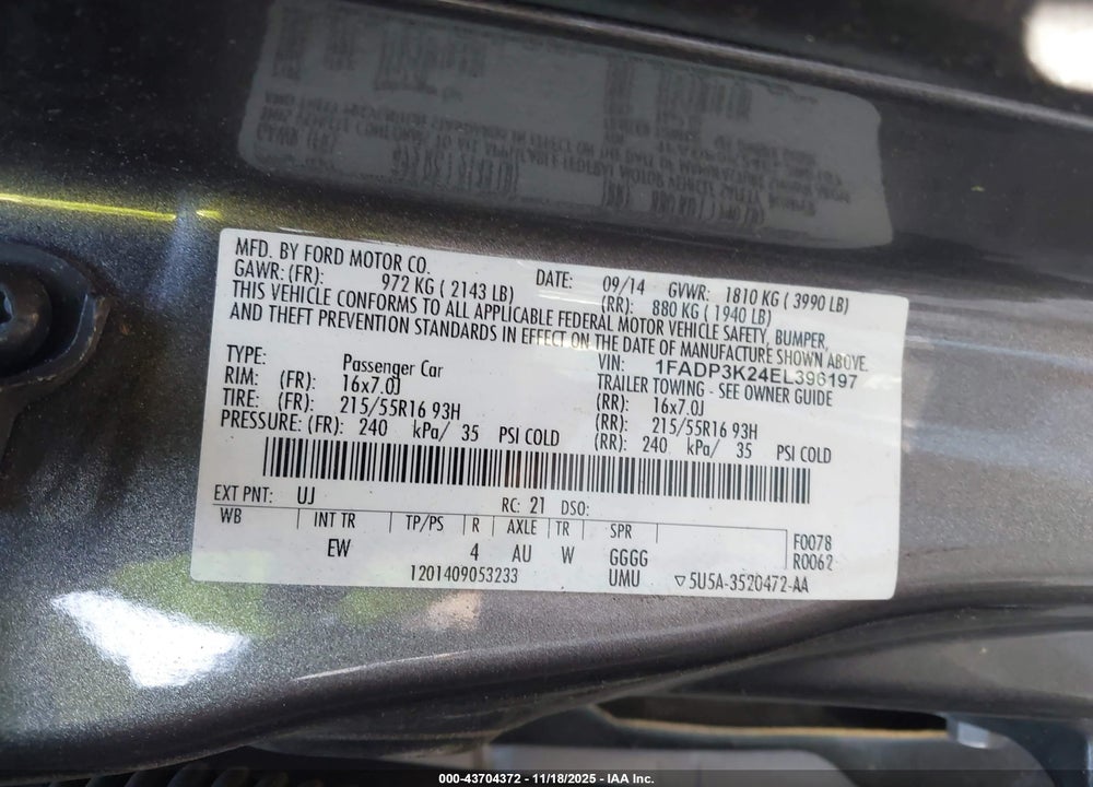 2014 FORD FOCUS SE VIN: 1FADP3K24EL396197