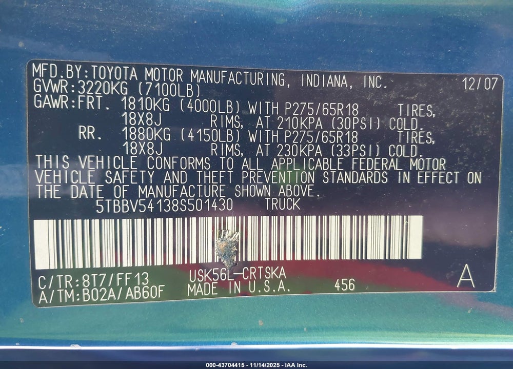 2008 TOYOTA TUNDRA VIN: 5TBBV54138S501430