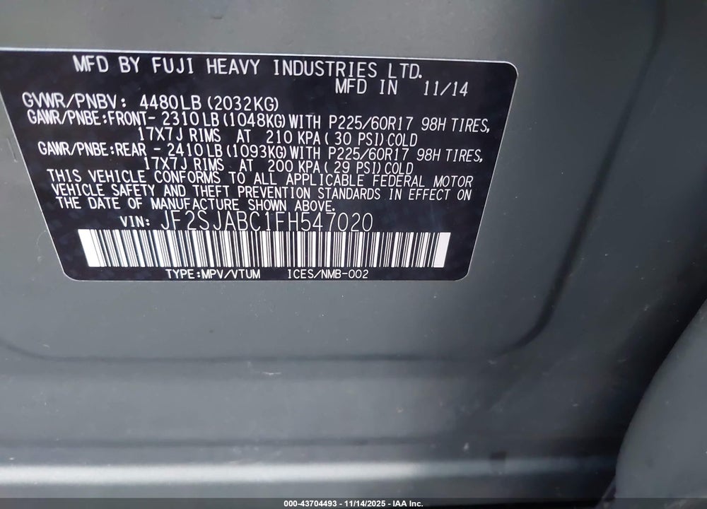 2015 SUBARU FORESTER 2.5I VIN: JF2SJABC1FH547020