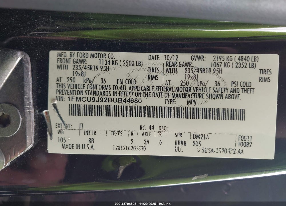 2013 FORD ESCAPE TITANIUM VIN: 1FMCU9J92DUB44680