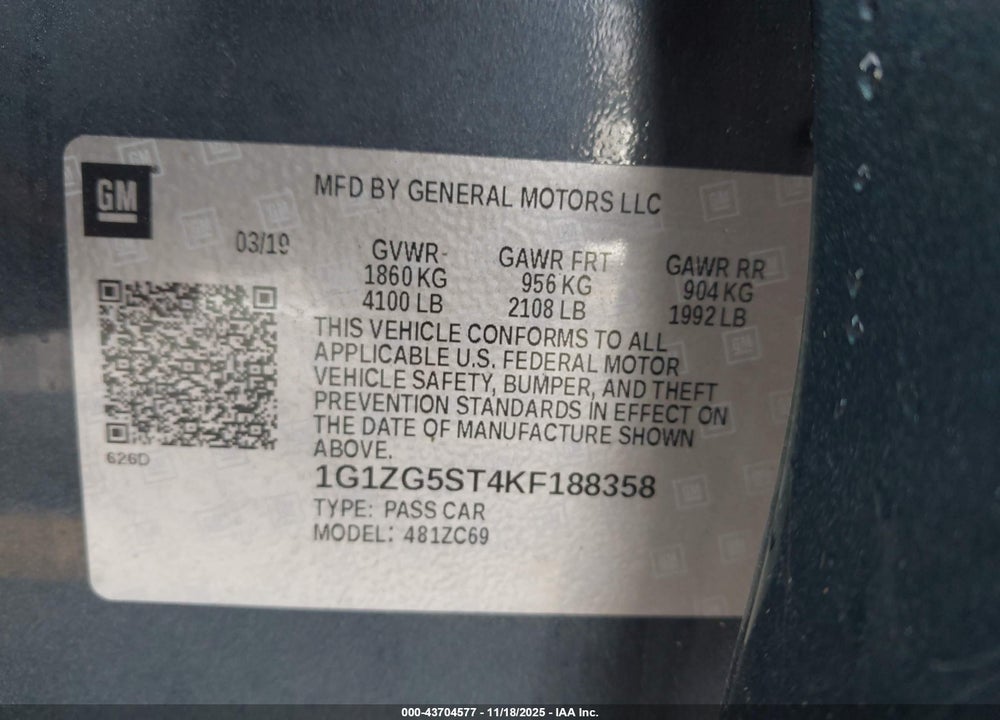 2019 CHEVROLET MALIBU RS VIN: 1G1ZG5ST4KF188358