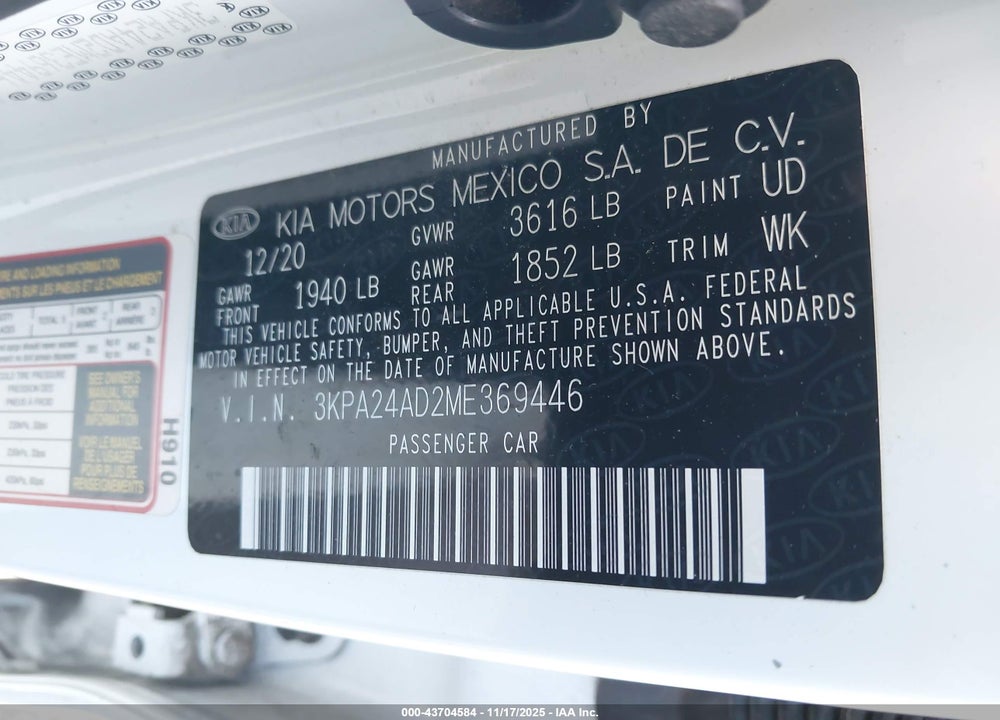 2021 KIA RIO S VIN: 3KPA24AD2ME369446