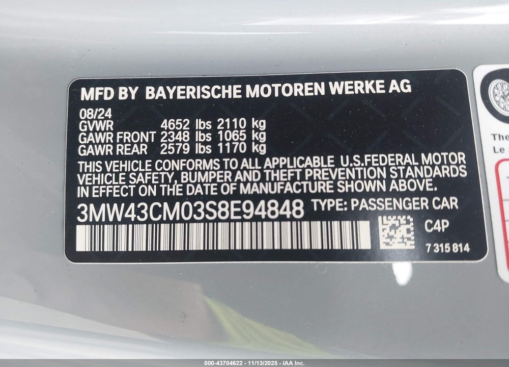 2025 BMW M240 I VIN: 3MW43CM03S8E94848
