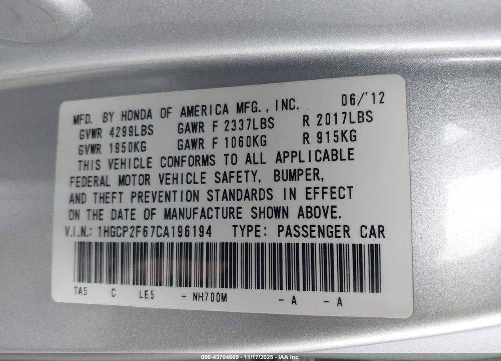 2012 HONDA ACCORD 2.4 SE VIN: 1HGCP2F67CA196194