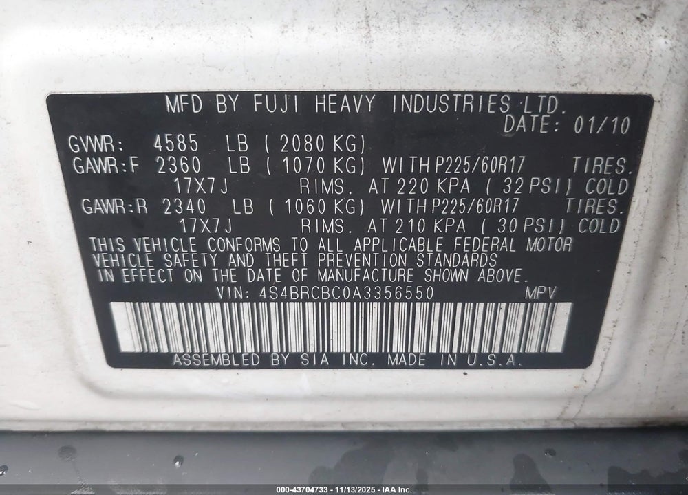 2010 SUBARU OUTBACK 2.5I PREMIUM VIN: 4S4BRCBC0A3356550