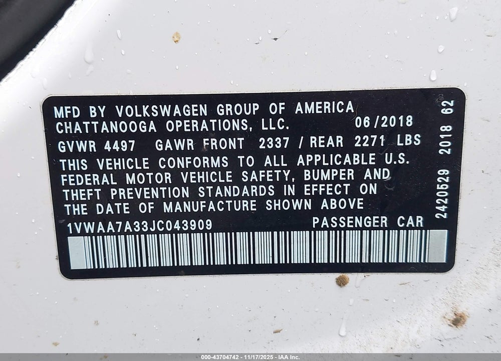 2018 VOLKSWAGEN PASSAT 2.0T R-LINE/2.0T S VIN: 1VWAA7A33JC043909