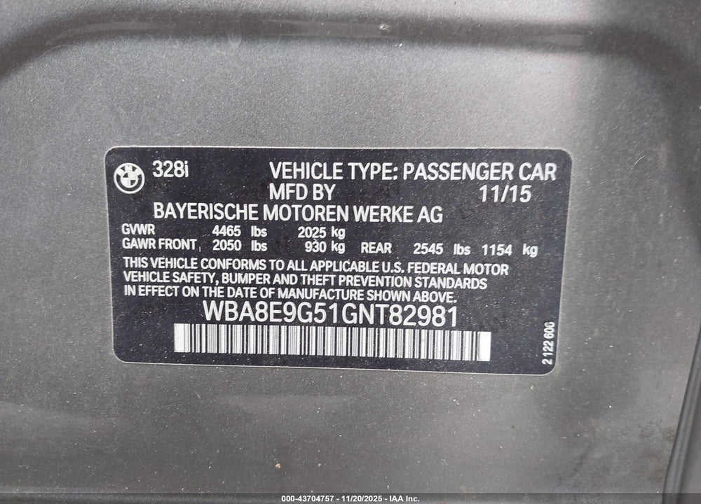 2016 BMW 328I VIN: WBA8E9G51GNT82981