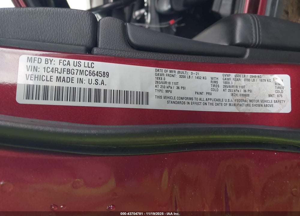 2021 JEEP GRAND CHEROKEE LIMITED 4X4 VIN: 1C4RJFBG7MC664589