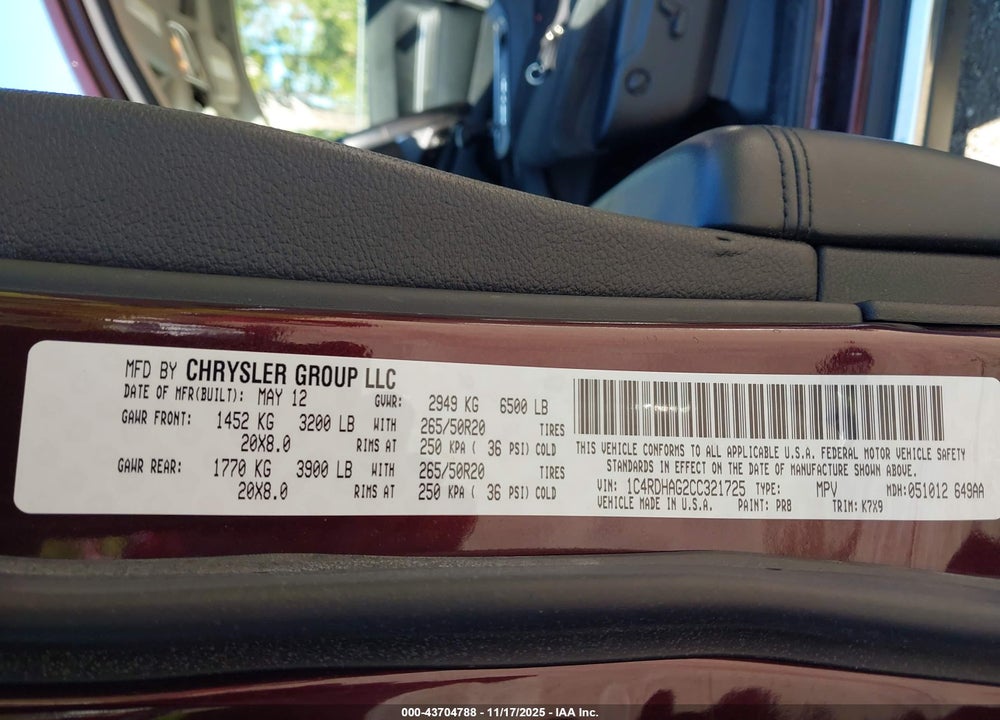 2012 DODGE DURANGO SXT VIN: 1C4RDHAG2CC321725