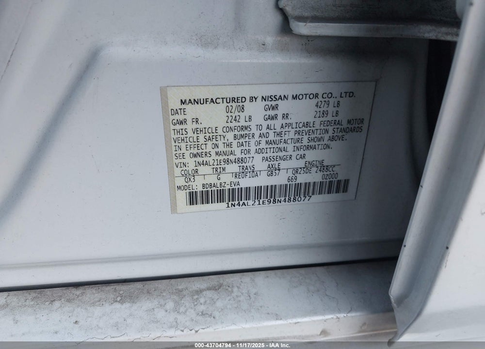 2008 NISSAN ALTIMA 2.5 S VIN: 1N4AL21E98N488077