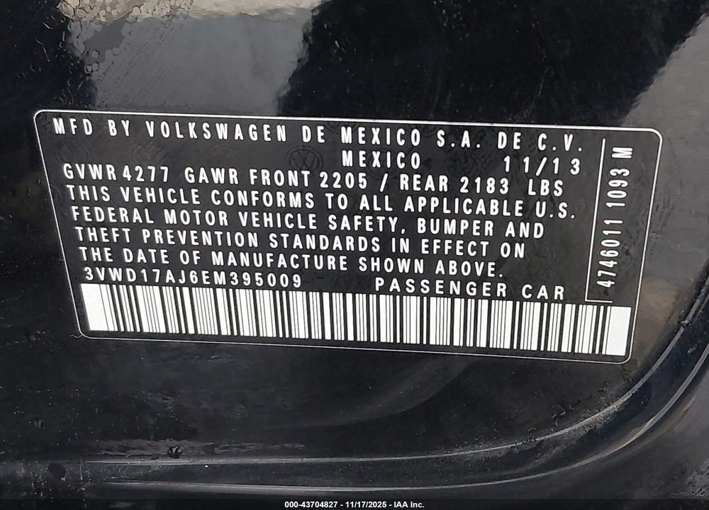 2014 VOLKSWAGEN JETTA 1.8T SE VIN: 3VWD17AJ6EM395009