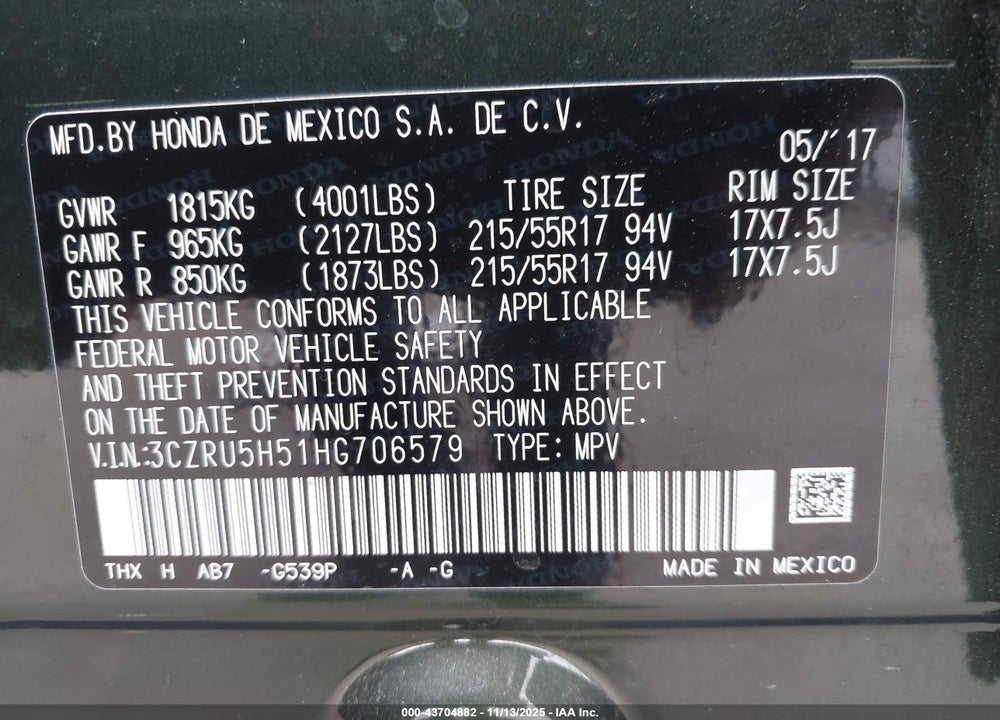 2017 HONDA HR-V EX VIN: 3CZRU5H51HG706579