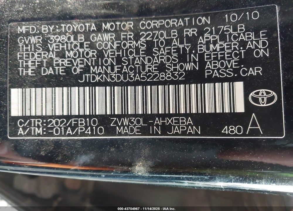 2010 TOYOTA PRIUS III VIN: JTDKN3DU3A5228832