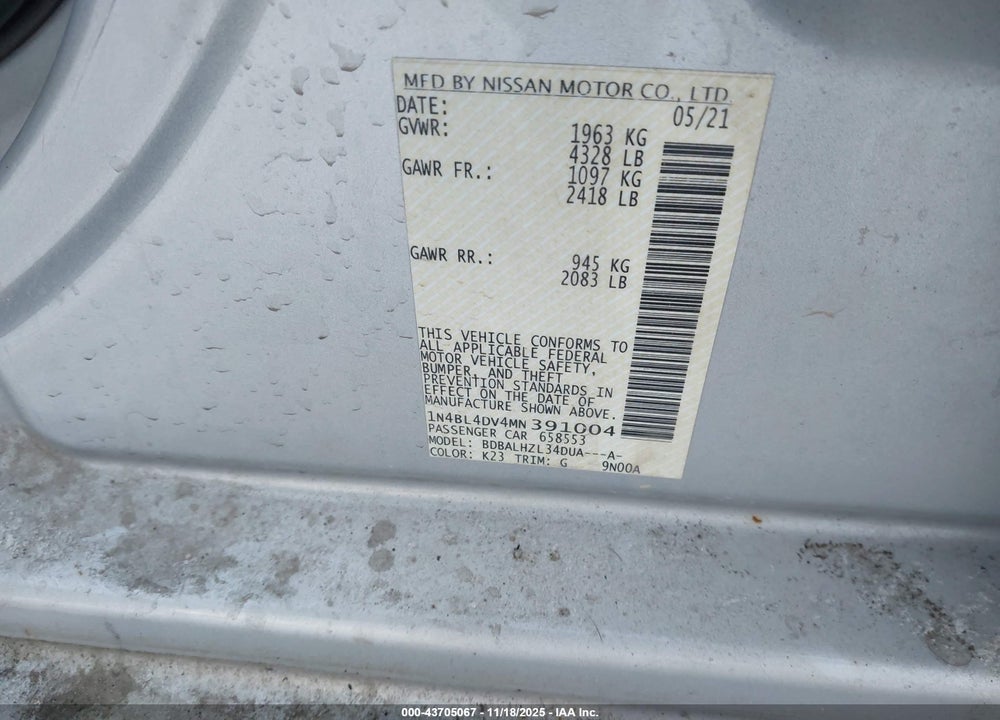 2021 NISSAN ALTIMA SV FWD VIN: 1N4BL4DV4MN391004