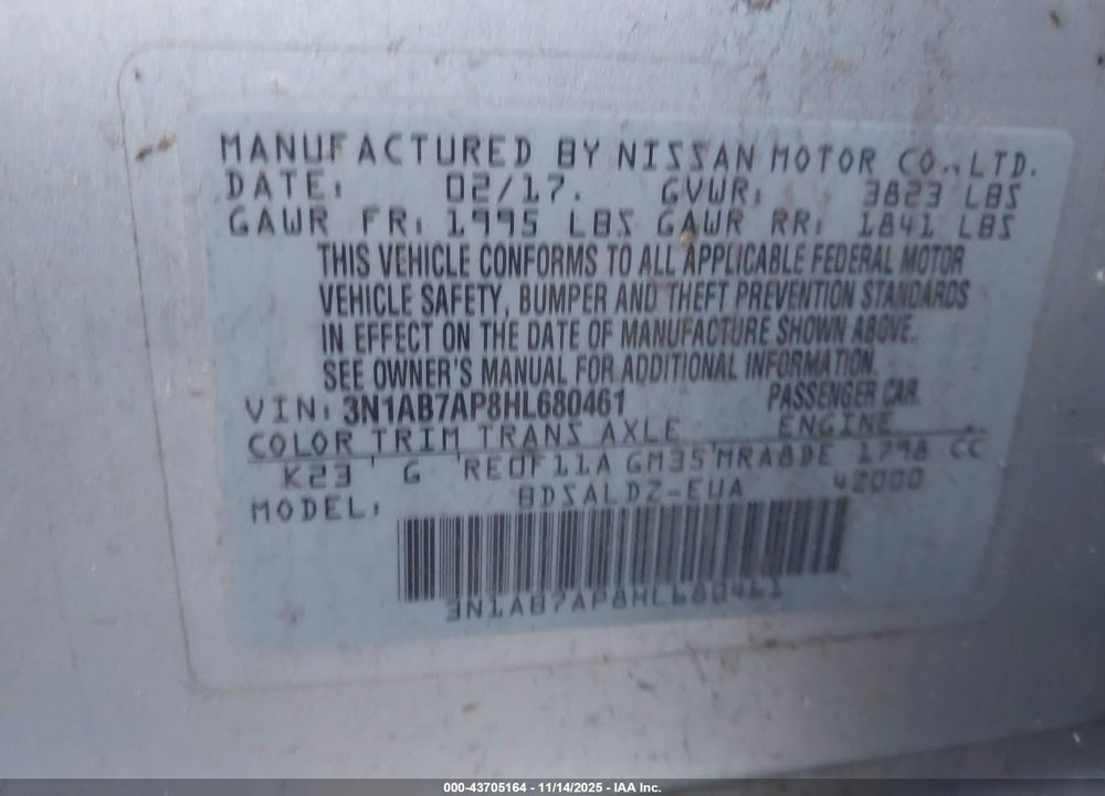 2017 NISSAN SENTRA SV VIN: 3N1AB7AP8HL680461