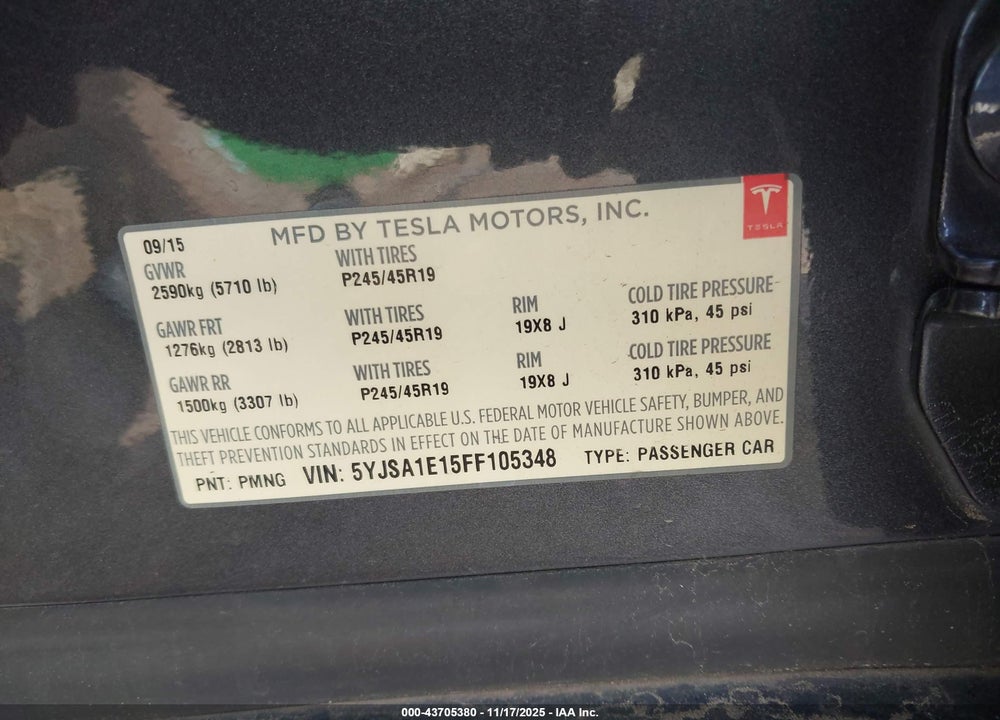 2015 TESLA MODEL S 60/70/85 VIN: 5YJSA1E15FF105348