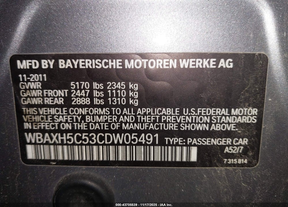 2012 BMW 528I VIN: WBAXH5C53CDW05491