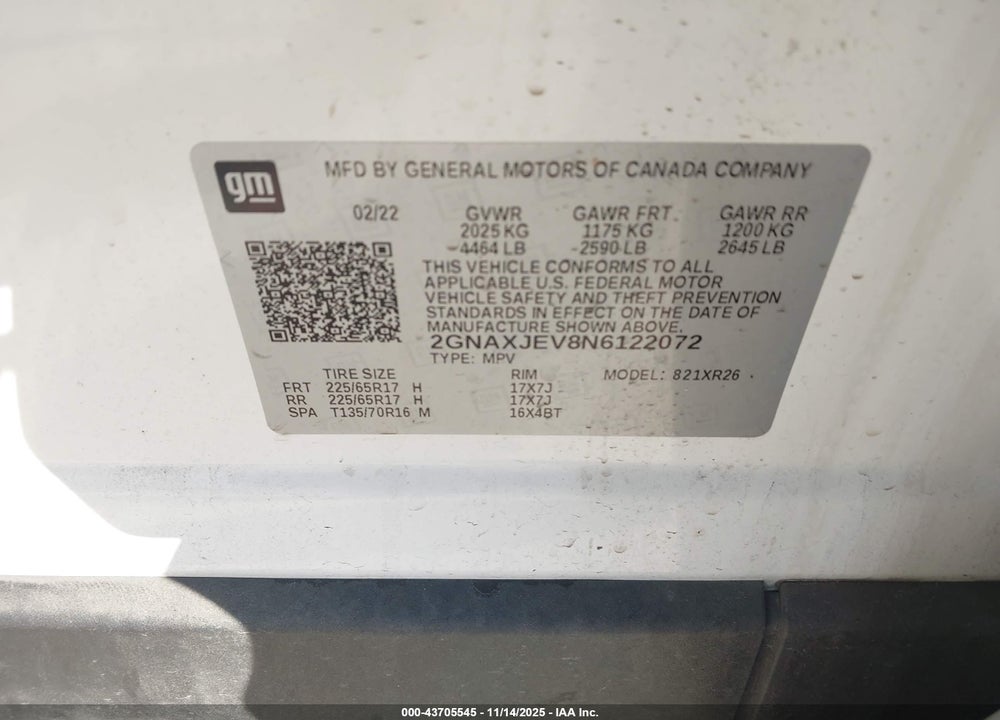2022 CHEVROLET EQUINOX FWD 2FL VIN: 2GNAXJEV8N6122072