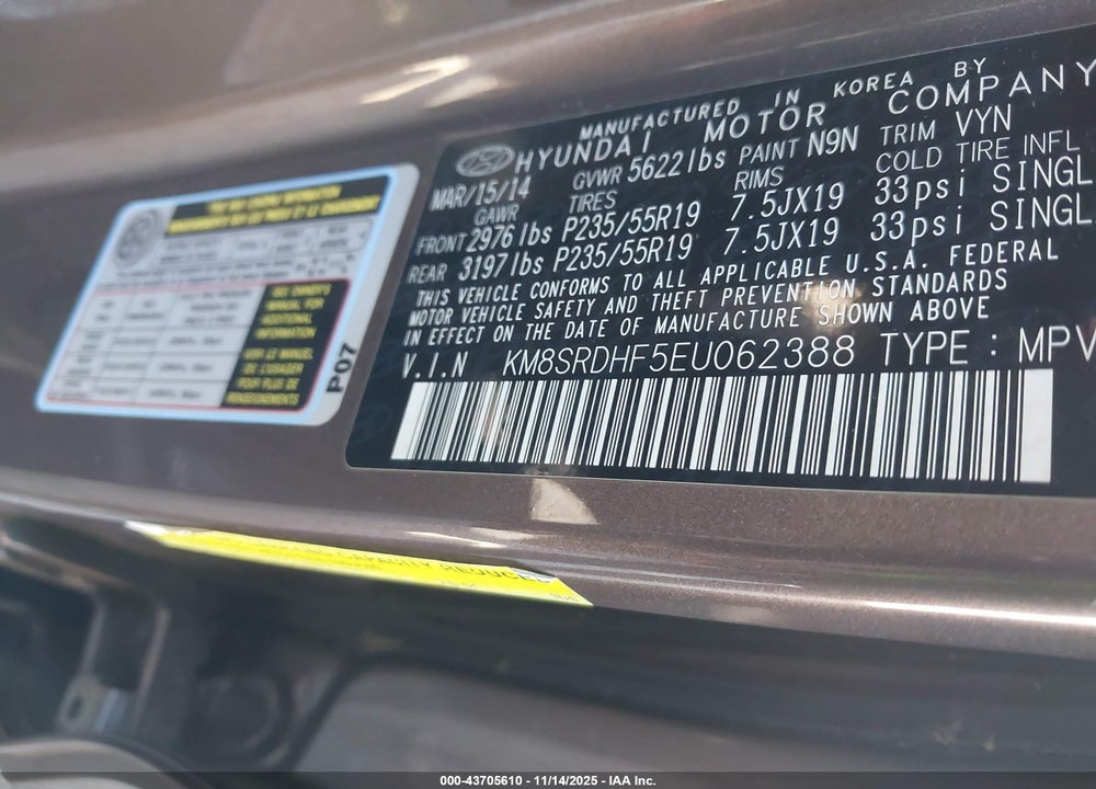 2014 HYUNDAI SANTA FE LIMITED VIN: KM8SRDHF5EU062388