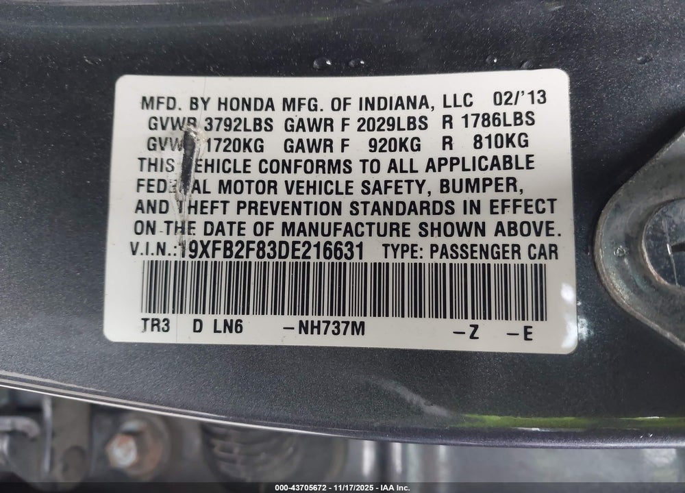 2013 HONDA CIVIC EX VIN: 19XFB2F83DE216631