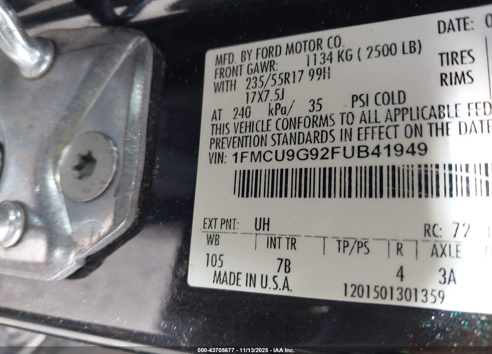 2015 FORD ESCAPE SE VIN: 1FMCU9G92FUB41949