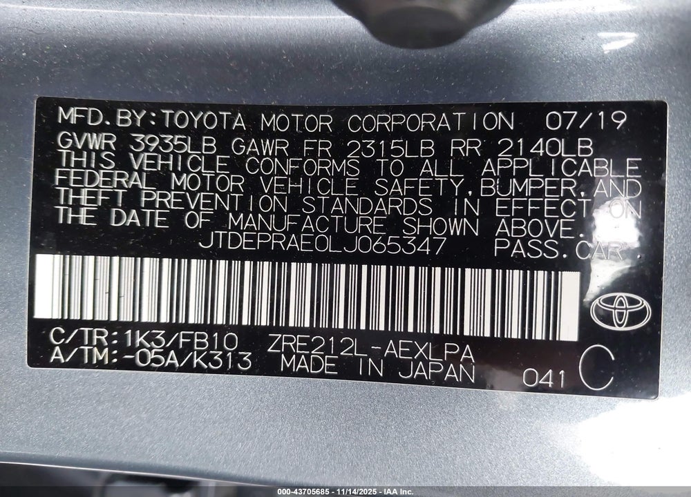2020 TOYOTA COROLLA VIN: JTDEPRAE0LJ065347