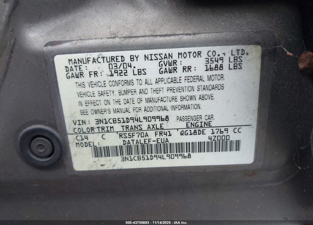 2004 NISSAN SENTRA 1.8S VIN: 3N1CB51D94L909968