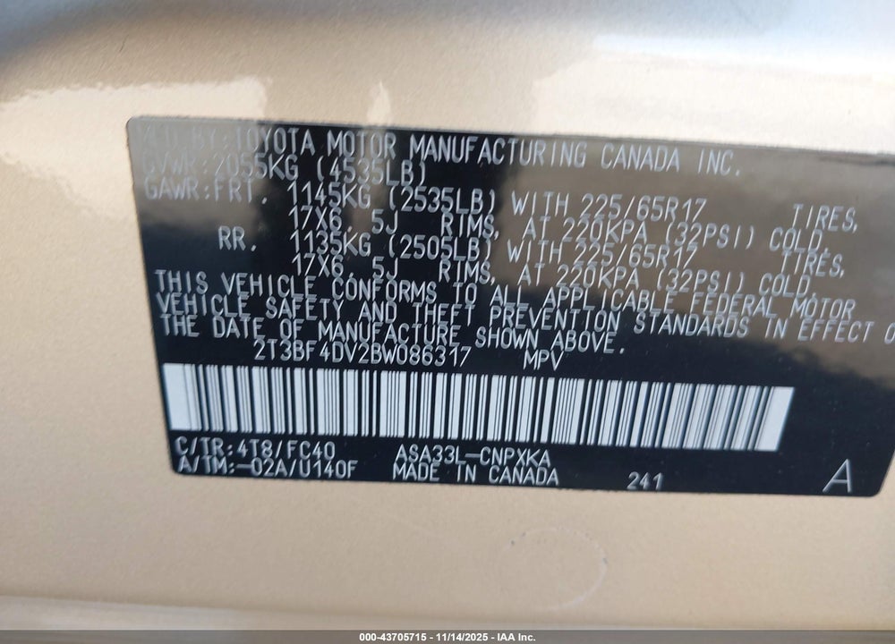 2011 TOYOTA RAV4 VIN: 2T3BF4DV2BW086317