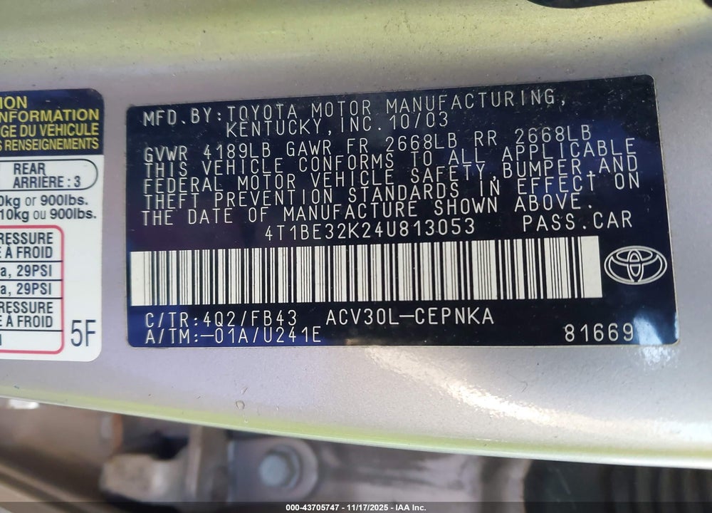 2004 TOYOTA CAMRY LE VIN: 4T1BE32K24U813053