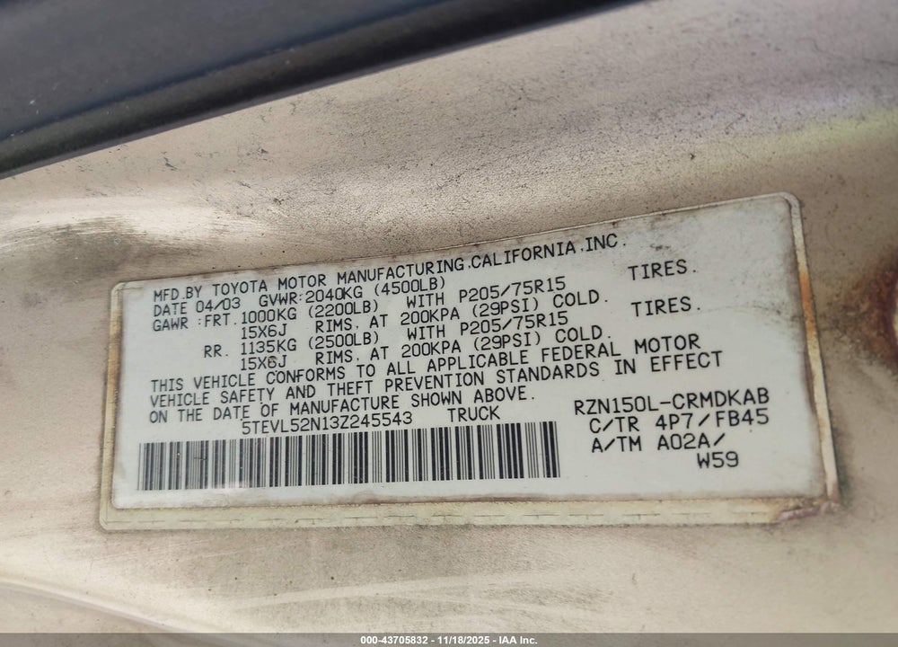 2003 TOYOTA TACOMA VIN: 5TEVL52N13Z245543