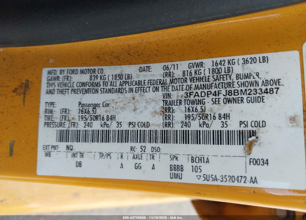 2011 FORD FIESTA SES VIN: 3FADP4FJ8BM233487