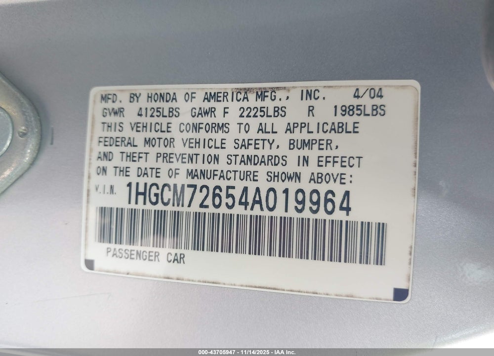2004 HONDA ACCORD 2.4 EX VIN: 1HGCM72654A019964