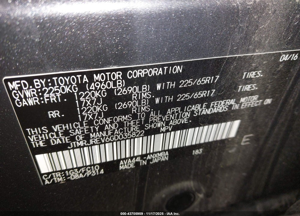 2016 TOYOTA RAV4 HYBRID VIN: JTMRJREV6GD035822