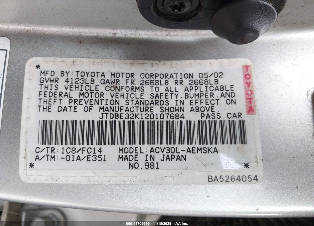 2002 TOYOTA CAMRY SE VIN: JTDBE32K120107684